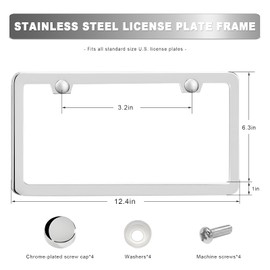 MTRPS 2PCS License Plate Frames, 2 Holes Rust-Proof Metal Car Tag Holder with Washers Screws Chrome Caps, Heavy Duty Stainless Steel Polished Frame for Front & Rear License Plates