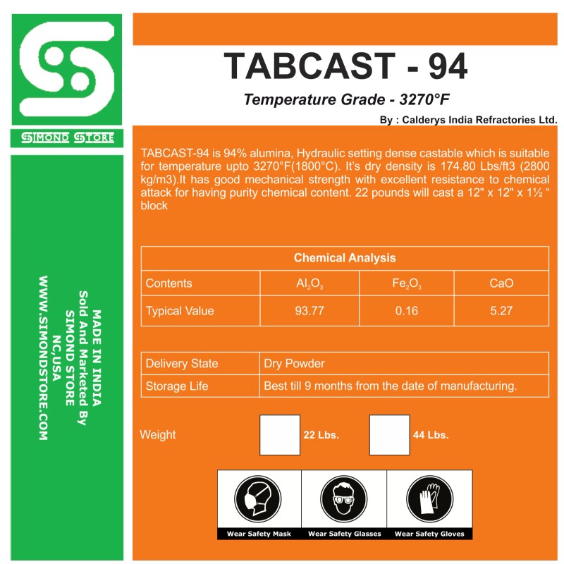 tabcast-94 94% Alumina Dense Castable Refractory Cement 22 Lbs.