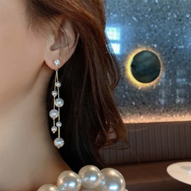 Yienate Fashion Long Tassel Pearl Earrings Crystal Stud Earrings Pearl Dangle Earrings Unique Double Pearl Chain Drop Prom Earrings for Women Girls, Crystal