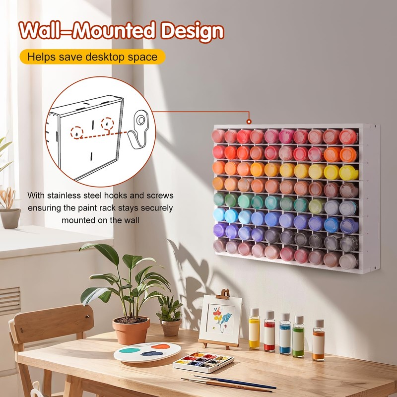 Krafetto 80 Grids Paint Organizer Storage Rack, Wall-mountable Craft Paints
