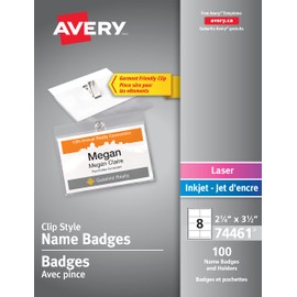 Avery Garment Friendly Clip Style Name Badge Kit for Laser and Inkjet Printers, 2-5/8" x 3-1/2", Clear, 100 Pack (74461)