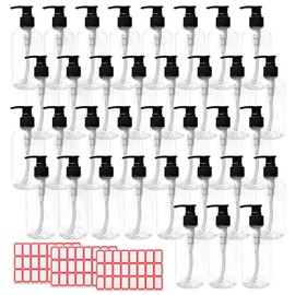 LECEHIVO 35 Pcs 10 oz Plastic Pump Bottle Dispenser with Labels, Empty Lotion Clear Bottle with Pump Portable Refillable Travel Container for Hand Soap Lotion Shampoo Body Wash Conditioner