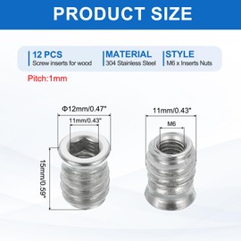 sourcing map 12Pcs Threaded Inserts Nuts, M6x15mm Hex Socket Drive Nut Inserts for Wood - 304 Stainless Steel Screws Furniture Screw in Nuts Bolt Fastener Connector Wood