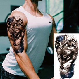 Briyhose Wolf Lion Temporary Tattoos for Men Half Arm Sleeve, Realistic Large Black Jesus Cross Lion Fake Tattoo Sticker Adult Boy Forearm, 3D Animal Wolf Compass Clock Temp Tatoo Body Art, 10-Sheet