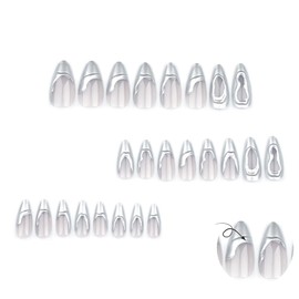 ANDGING Almond Silver Press on Nails French Tip Short Medium 3D Fake Nails with Glossy Designs Full Cover Glue on Nails for Women Gel False Nails Fantasy Manicure Stick on Nails for Wedding 24 Pcs