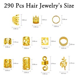 XCZYN 290 Pcs Gold Silver Hair Jewelry for Braids Dreadlocks Hair Extensions Decorations Adjustable Braiding Charms Accessories Metal Loc Cuffs Rings Clips Set for Women Girls (Gold, 290 Pcs)