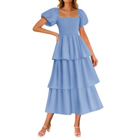 ZESICA Women's 2025 Summer Boho Midi Dress Short Puff Sleeve Flowy A Line Tiered Beach Vacation Long Dresses,Light Blue,Small