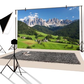 YongFoto 3x2m Vinyl Photo Backdrop Mountains Landscape Trees Grass Meadow Village on Hills Photography Background Portrait Photo Shoot Studio Props