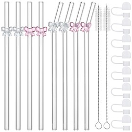 Honeydak 8 Pack Reusable Bow Glass Straws with Charms Coquette Cute Bow Straws with 8pcs Cover 2pcs Cleaning Brush Clear 7.8" x 8mm for Smoothies, Milkshakes, Juices, Tea(Pink, White)