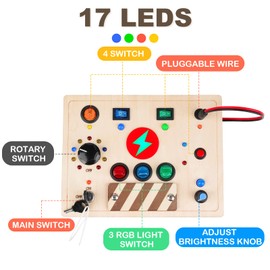 Joyreal Montessori Busy Board Wooden Sensory Toys for Toddler with LED Light Up Switch, Baby Fidget Board Travel Toys for 18+ Months, 1 2 3 Year Old Boys Girls Toddler Toy Gifts (Mixed Lights)