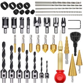 Forstner Drill Bit Set, 47 Pieces Wood Hole Mill, Includes Tap, Long Torsion Drill, 1/4 Inch Hex Shank, Countersunk Drill, Corkscrew for Wood and Hardwood Plastic