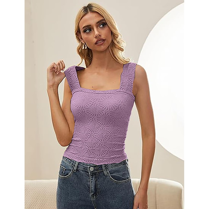 AIHUKOCY Women Square Neck Wide Strap Floral Crop Tank Top