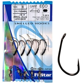 PRO FILSTAR Carp Fishing Hook Set with Leader & Swivel 5 Pieces, N6, Braided Line 25 cm - Fishing Carp Accessories - Carp Fishing Hook - Boilies & Pellet Hooks - Method Feeder - Leader Line - Sport