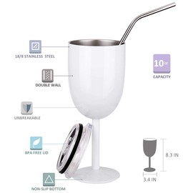 AMZUShome Stainless Steel Wine Glasses Cups.Double Walled Vacuum Insulated Wine Tumbler With Lid and Straw.Friendship,Christmas,Birthday Gifts for Women Men Friends Dad Mom(10oz White)