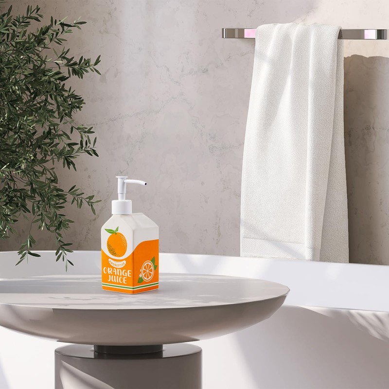 Amorettise Ceramic Orange Juice Bottle Soap Dispenser, Refillable Lotion Pump