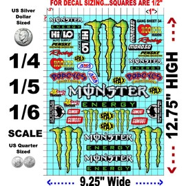 Clear Vinyl R/C Racing Sponsor Sticker Gang Sheet 34-1/4-1/5 – 1/6th Scale Model Decal Sticker Sheet Radio Control Lexan Body – Die-Cut to Shape - Peel & Stick – Water Slide Monsters