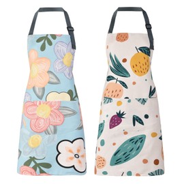 ARBINSON 2 Pack Floral Apron for Women with Pockets, Adjustable Cotton Chef Aprons for Kitchen, Cooking, BBQ & Grill (Orange/Floral)