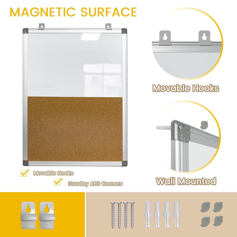 Combination Writeboard 24"x 18" Magnetic Whiteboard & Cork Board Aluminium