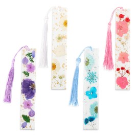 Miruchertter 4 Pcs Dried Flower Bookmarks Transparent Resin Page Marker with Tassel Book Accessories Gift for Reading Lover Teacher Students