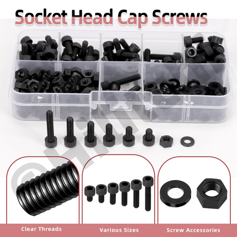 Hilitchi 330Pcs 6Sizes M4 Black Nylon Hex Bolts Nylon Hexagon