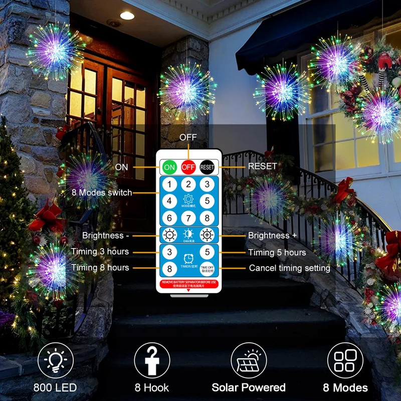 Christmas Lights Solar Fairy Lights 8Pack Hanging Solar Firework Lights