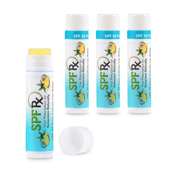 SPF Rx, SPF 30 Pina Colada Lip Balm Pack, Broad Spectrum Protection, Rapid Relief for Dry Chapped Lips, Superior Protection Against UVA & UVB Rays - 0.15 oz, (4 Pack)