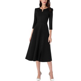 VFSHOW Womens Pleated Notch V Neck Pocket Button Work Business A-Line Midi Dress Front Split Professional Office Career Fit and Flare Mid-Calf Dress (Black, Small) 10835 BLK S