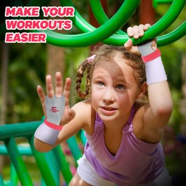 Leather Hand Grips Gymnastics Pull Up Training Palm Protector for Kids Kids Wrist Strap Workout Strong Support Heavy Duty Junior (M, Pink/White)