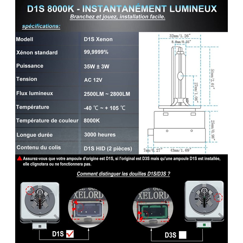 XELORD HID D1S D2S D3S Xenon Headlight Bulb,Car Low Beam