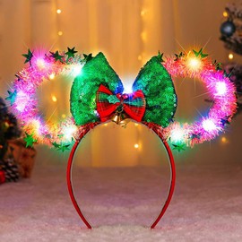 Christmas Mouse Ears Headband Light up Headbands Shiny Mouse Ears Bow Hair Band Hair Accessories for Women and Girls (Red, One Size)