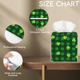 Tissue Box Cover Leather Tissue Box Holder Cube Tissue Case Cover Facial Paper Organizer Dispenser for Bathroom, Vanity Countertop, Office Desk (Four Leaf Clovers on Buffalo Plaid Checkered)
