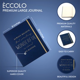 Eccolo Large Lined Journal Notebook, Hardbound Cover, Writing Journal, 256 Ruled Ivory Pages, Gilded Edge, Elastic Band, 3 Ribbon Bookmarks, Lay Flat, Desk Size for Work or School (Blue, 8x10-inch)