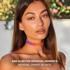 BodyJ4You 2PC Tattoo Choker Necklace - 90s Choker Necklace Women - 2000s Y2K Rainbow Choker - Blue Pink Hearts Friendship Love Charms Pendants - Colorful Stretchy Elastic Necklace