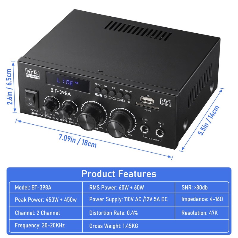 Facmogu BT-398A Stereo Digital Audio Amplifier, Max 450Wx2 HiFi Sound