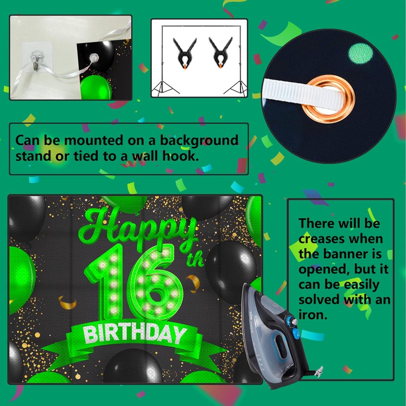 Happy 16th Birthday Green and Black Banner Backdrop Cheers to