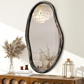 JJUUYOU Asymmetrical Wall Mirror Irregular Mirrors for Wall Modern Wood Frame Unique Vanity Mirror Shaped Dressing Mirrors Decor for Living Room Bathroom Bedroom Entryway Large 30"x18"