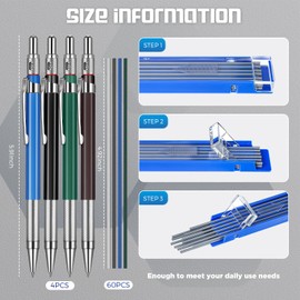 Nezyo 4 Pieces Welder Pencil with 60 Pieces Round Refills Mechanical Pencil Metal Marker Pen for Construction Workers, Metal Work, Welders, Plumbers, Framers (Black, Blue, Green, Silver)