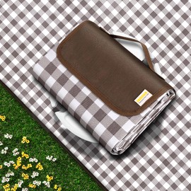 SAMSIER Outdoor Picnic Blankets Waterproof Foldable, Large Beach Blanket Sandproof, Gingham Picnic Mat Cute Washable Portable (Brown, 80"×80")