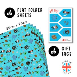 Central 23 - Pirate Gift Wrap - 6 Sheets of Cool Wrapping Paper for Kids - Pirates Treasure Ship Island - For Boys Girls - Son Nephew Grandson - Blue - Recyclable