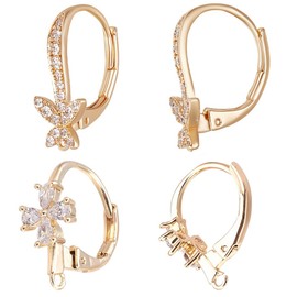 Beebeecraft Pack of 8 French Hook Earrings in 2 Styles, 18 Carat Gold-Plated French Earring Hooks with Loop and Bow, Butterfly Cubic Zirconia, Dangling Ear Wire for Jewellery Making