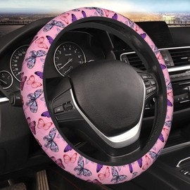 Pink Butterfly Elastic Steering Wheel Cover Universal 15 Inch