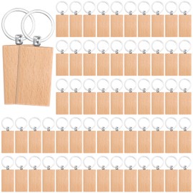 NINGWAAN Rectangle Wood Keychain Blanks, 60 Pieces, Unfinished Wooden Key Ring for Engraving, DIY Gift Craft