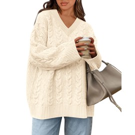 Okiwam Women's Oversized Sweaters Fall 2025 Long Sleeve V Neck Cable Knit Pullover Tops Chunky Trendy Outfits-M Beige