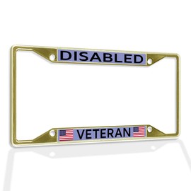 Fastasticdeals Metal Insert License Plate Frame Disabled Veteran Weatherproof Car Accessories Gold 4 Holes Solid Insert