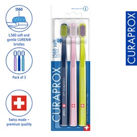 CURAPROX Curaprox 3 x Zahnbürste CS 1560 Soft - Handzahnbürste für Erwachsene mit 1560 Soft CUREN Borsten - 3 Stück, zufällige Farbe
