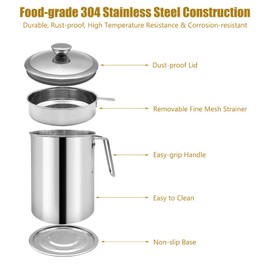 Zalaxt Bacon Grease Container With Strainer, 2.1L Grease Strainer and Container with Dust-Proof Lid, 304 Stainless Steel Oil Filter Storage with Fine Mesh 2.1L