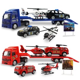 OTONOPI Toy Truck Fire Engine Police Car Vehicle Push and Go Rescue Toy Playset Diecast Mini Trailer Truck Helicopter Toy in Semi Carrier Truck Gift for Kids