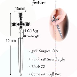 PunkTracker Hypoallergenic Surgical Steel Gothic Sword Earrings for Women Black Cubic Zirconia Punk Dagger Y2K Emo Earrings for Men