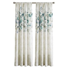 CHF Watercolor Floral Print Single Curtain Panel - Flip Over Rod Pocket Design - 50" x 84", Aqua