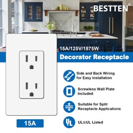 BESTTEN 15 Amp Decor Wall Receptacle, Standard Electrical Wall Outlet, Decorative Screwless Wallplate Included, 15A/125V/1875W, UL Listed, 10 Pack, White